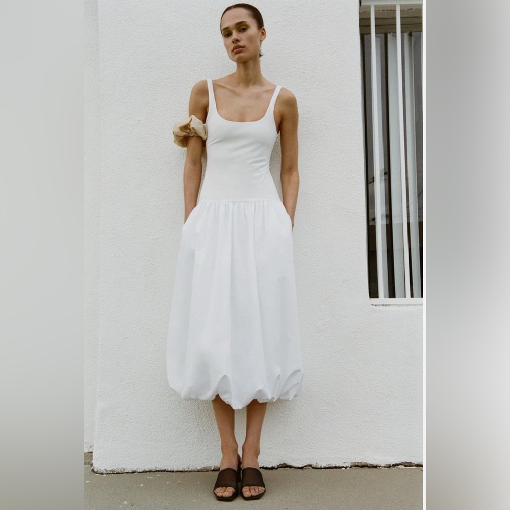 NWT ZARA Mixed Balloon Midi Dress White 4661